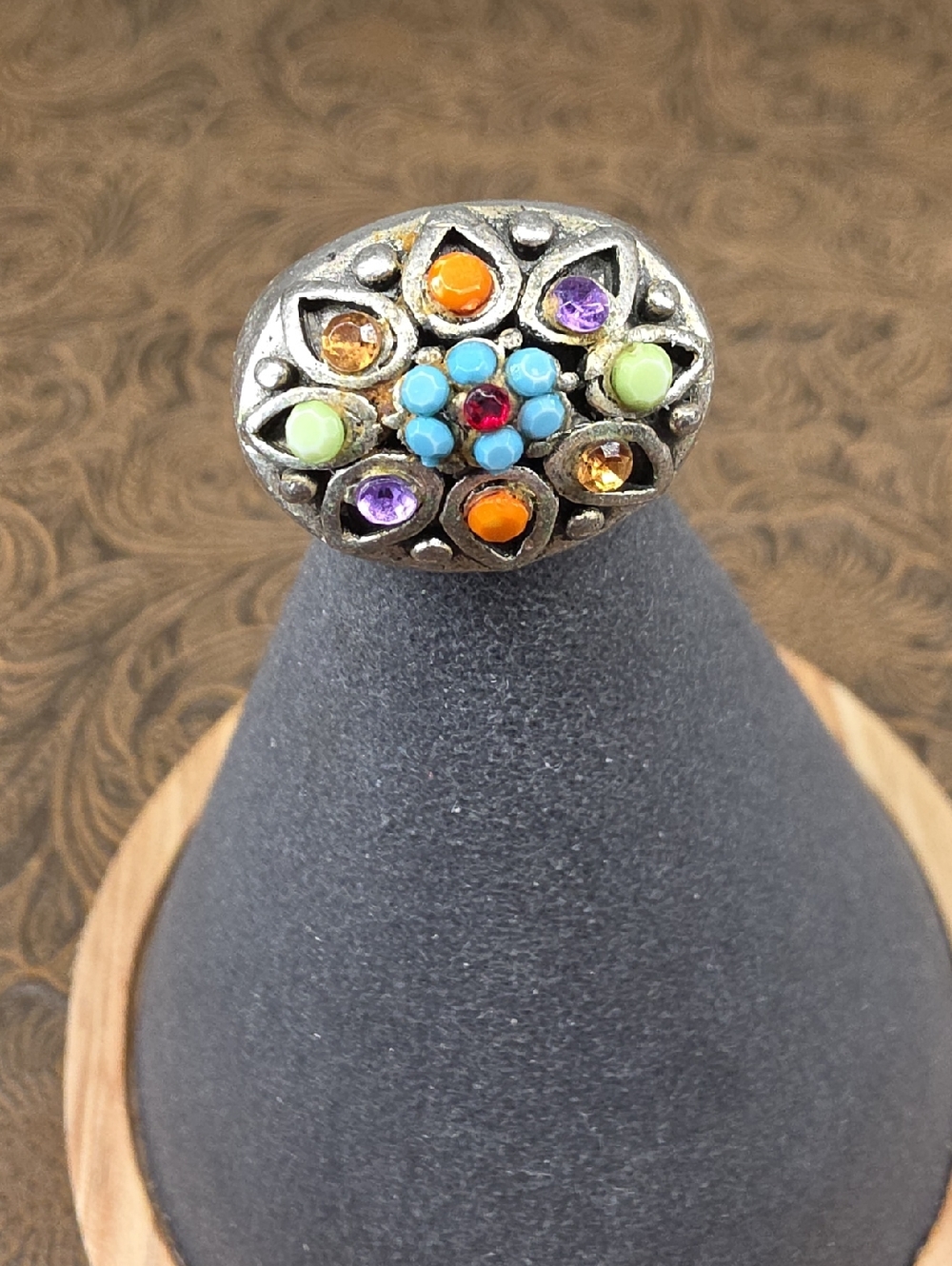 Vintage Multicolor Gemstone Floral Silver Western Boho Statement Ring